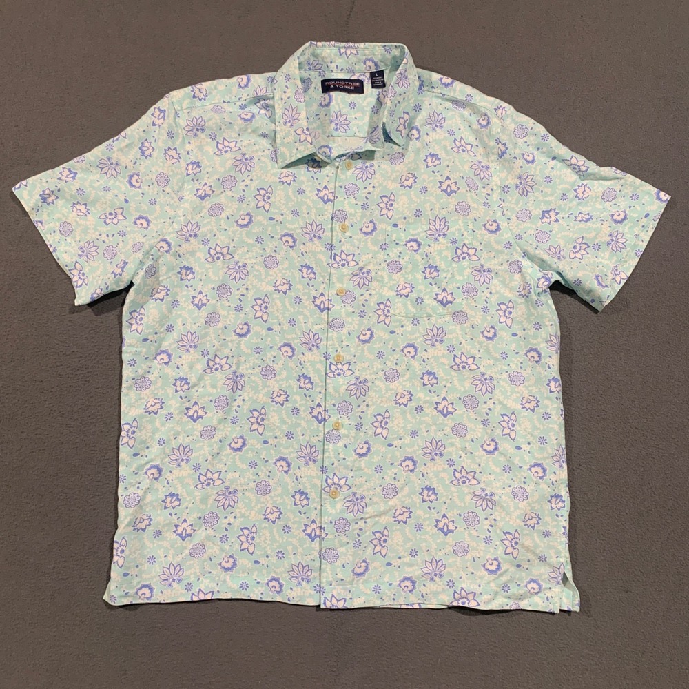 Roundtree &‎ Yorke Mens L Floral Button Up Shirt Teal Modal Blend Short Sleeve